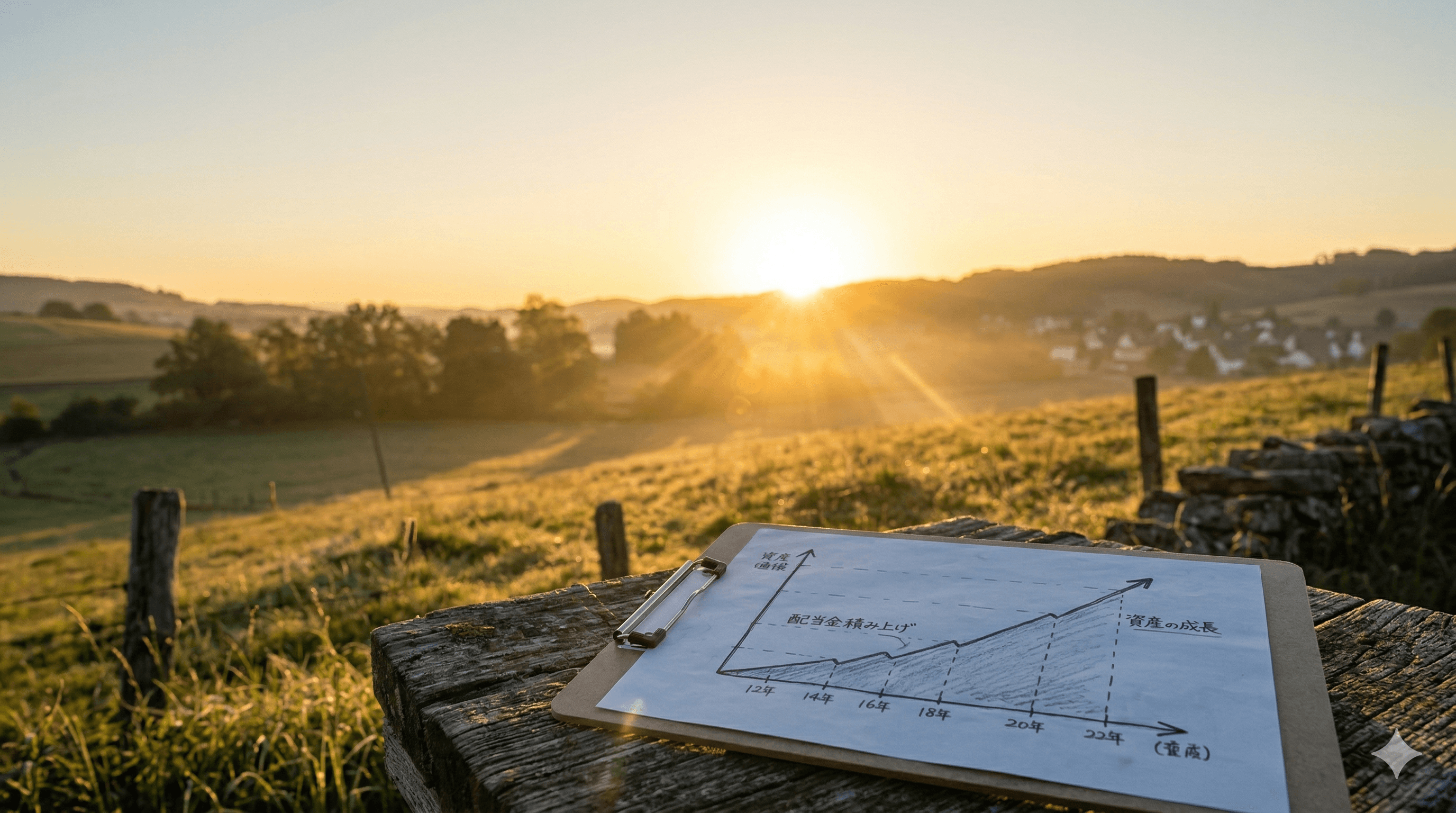 夜明けの草原に置かれた、資産成長のチャートを描いたクリップボード